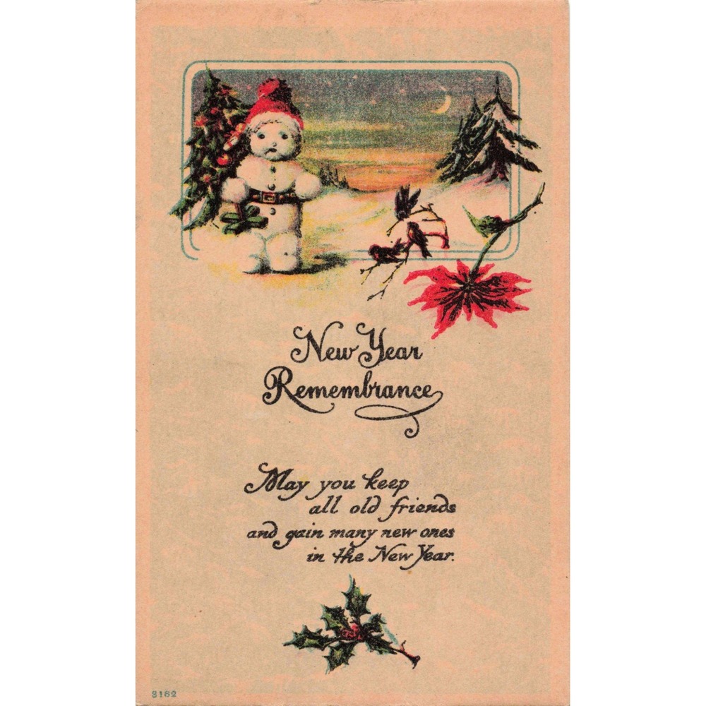 Vintage New Year Remembrance Postcard Snowman Winter Scene 3162 Made in USA - Picture 1 of 2